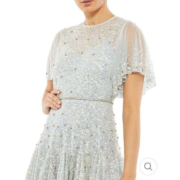 Mac Duggal #93655 Cape Sleeve Beaded Tea Length Dress blue Sz 4 NWT $598 - Picture 14 of 16